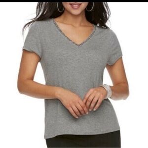 JLO Jennifer Lopez Embellished Bling V Neck Collar short sleeve shirt Top sz XS